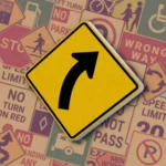 Желтый ромб с черной изогнутой стрелкой, указывающей направо. Знак "Curve Right" предупреждает о плавном повороте дороги направо