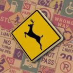 Желтый ромб с черным силуэтом прыгающего оленя. Знак "Deer crossing" предупреждает о возможном появлении оленей на проезжей части