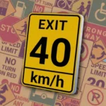 Вертикальный желтый прямоугольник с надписью "EXIT", числом "40" и "km/h". Знак "Exit Advisory Speed" рекомендует безопасную скорость на съезде с трассы