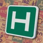 Зеленый квадрат с белой буквой "H" в центре. Информационный знак "Hospital", указывающий на близость больницы