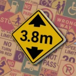 Желтый ромб с черными стрелками сверху и снизу и надписью "3.8 m". Знак "Low Clearance" предупреждает о впереди идущем ограничении по высоте