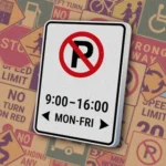 Белый прямоугольник с перечеркнутой буквой P, временем "9:00—16:00" и надписью "MON—FRI" со стрелками. Знак "No parking" запрещает парковку в указанные часы по будням