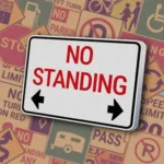 Белый вертикальный прямоугольник с красной надписью "NO STANDING" и черными стрелками в обе стороны. Знак запрещает преднамеренную остановку автомобиля