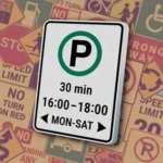 Белый прямоугольник с буквой "P" в зеленом круге, текстом "30 min 16:00-18:00 MON-SAT" и двусторонней стрелкой. Знак разрешает парковку на 30 минут в указанное время