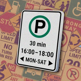 Белый прямоугольник с буквой "P" в зеленом круге, текстом "30 min 16:00-18:00 MON-SAT" и двусторонней стрелкой. Знак разрешает парковку на 30 минут в указанное время