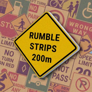 Желтый ромб с черной надписью "RUMBLE STRIPS" и указанием расстояния "200 m". Знак предупреждает о наличии шумовых полос на дороге через 200 метров