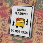Белый прямоугольник с надписью "LIGHTS FLASHING DO NOT PASS" и изображением школьного автобуса. Знак запрещает обгон автобуса при включенных маячках