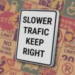 Вертикальный белый прямоугольник с черной рамкой и надписью "SLOWER TRAFFIC KEEP RIGHT". Знак предписывает медленным транспортным средствам держаться правой полосы