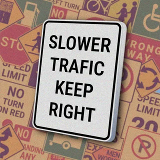 Вертикальный белый прямоугольник с черной рамкой и надписью "SLOWER TRAFFIC KEEP RIGHT". Знак предписывает медленным транспортным средствам держаться правой полосы