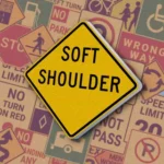 Желтый ромб с черной надписью "SOFT SHOULDER". Знак "Soft Shoulder" предупреждает о мягкой или рыхлой обочине, на которую опасно съезжать