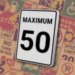 Вертикальный прямоугольный знак белого цвета с черной надписью "MAXIMUM" и числом "50". Знак "Maximum Speed 50" устанавливает максимально допустимую скорость 50 км/ч