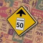 Желтый ромб с черной стрелкой вверх и миниатюрой знака "MAXIMUM 50". Знак "Speed limit 50 ahead" предупреждает о приближении к зоне ограничения скорости до 50 км/ч