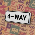Белый прямоугольный знак с черной надписью "4-WAY". Табличка "4-Way Stop" устанавливается под знаком остановки и означает, что движение со всех четырех сторон перекрестка должно остановиться