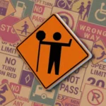 Оранжевый ромб с черным силуэтом человека, держащего знак "STOP". Знак "Traffic control person ahead" предупреждает о регулировщике на дорожных работах
