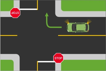 Схема перекрестка с двумя знаками STOP: зеленый автомобиль с включенным правым поворотником поворачивает направо, направление движения указано зеленой стрелкой.