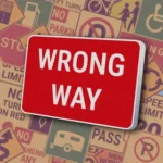 Горизонтальный прямоугольник красного цвета с белой надписью "WRONG WAY". Знак "Wrong way" сообщает водителю о движении в неверном направлении.